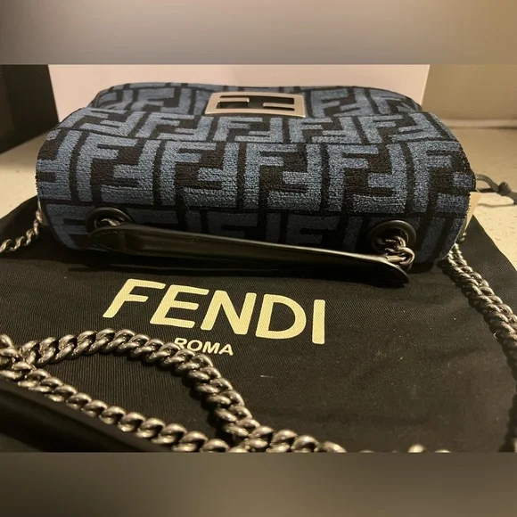 NEW Fendi Baguette Chain Midi Dark blue black FF tapestry bag silver hardware - Picture 9 of 15